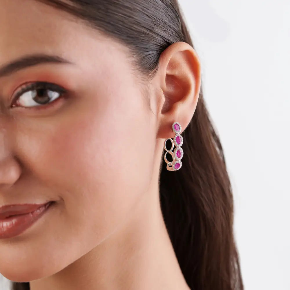 100% Genuine Ruby & Diamond Halo Hoop Earrings Bold Jewelry For Women's 14K White Gold