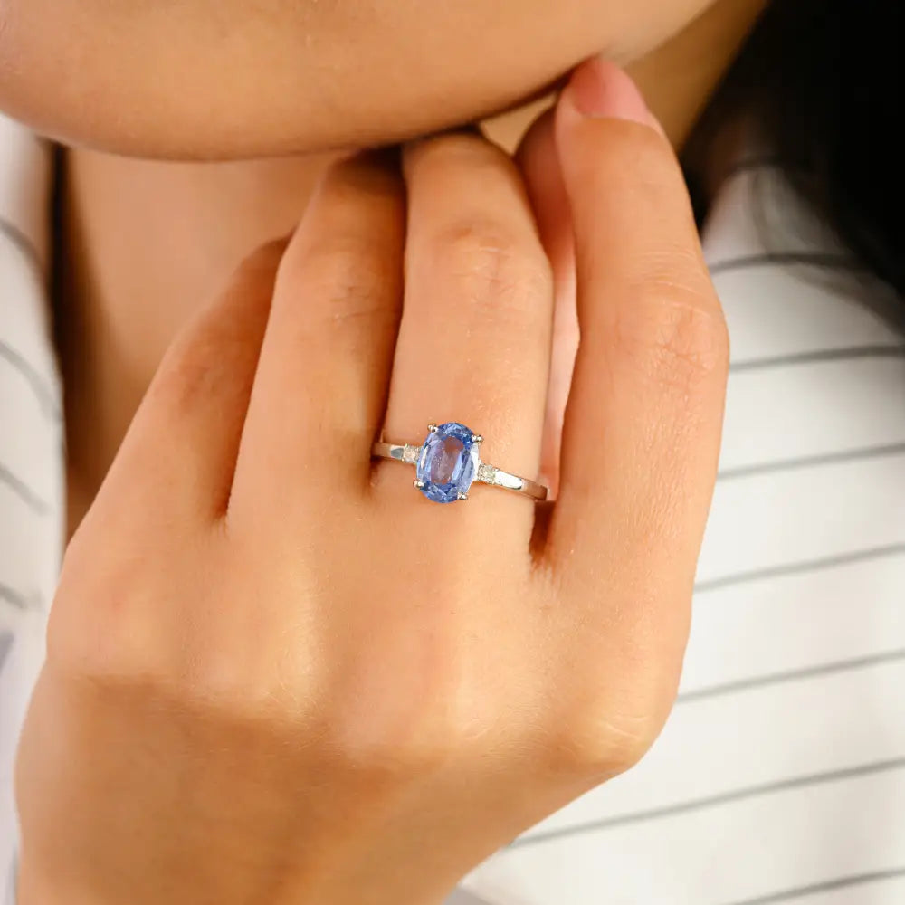 Trendy Oval Blue Sapphire & Round Diamond 14K White Gold Three Stone Ring Gift For Her