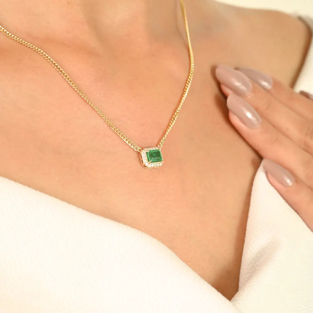 Emerald & Diamond Cuban Chain Single Stone Halo Pendant Necklace 14K Gold Stack Jewelry