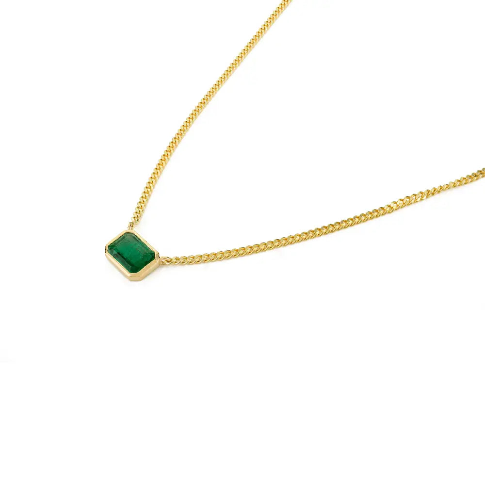 Bezel Setting Emerald Cuban Chain Single Stone Pendant Necklace Solid K14 Yellow Gold