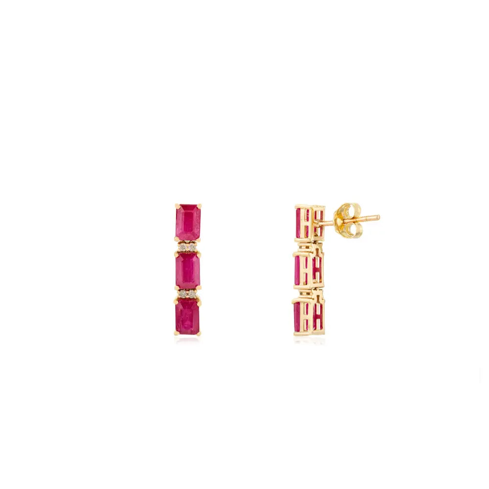 100% Authentic Ruby & Diamond 14K Yellow Gold Dangle Earrings Wedding Jewelry For Women