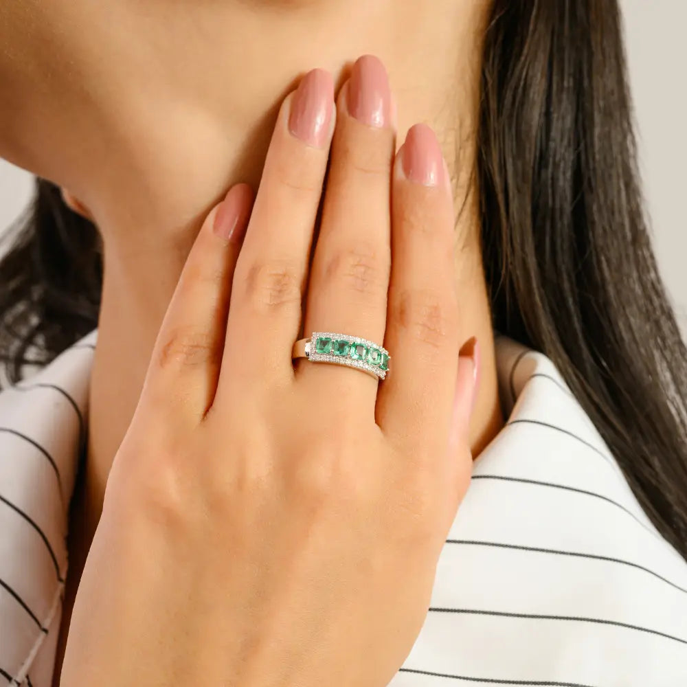 Natural Emerald & Diamond Five Stone Ring In 14K Solid White Gold Engagement Jewelry