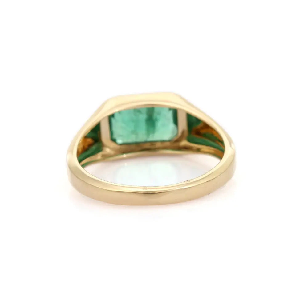Bezel Set Zambian Emerald Trending East West Signet Ring 14K Real Yellow Gold Fine Jewelry