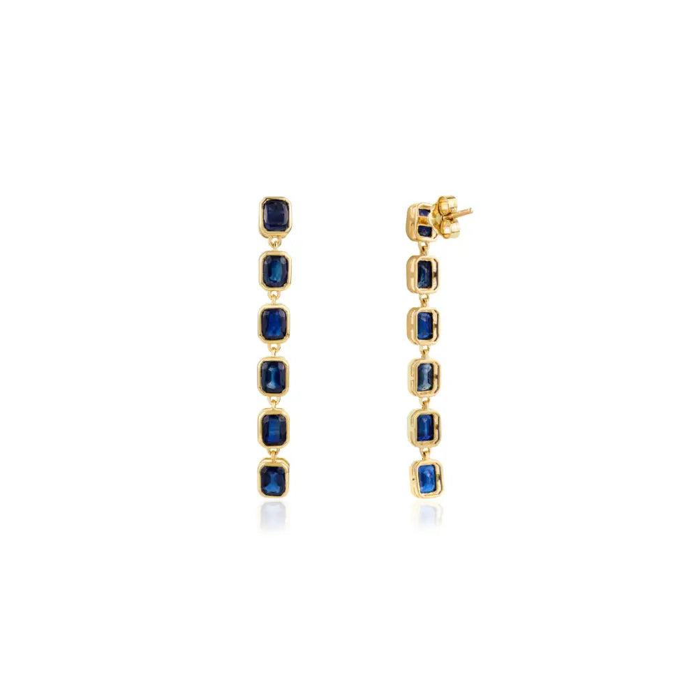 Blue Sapphire Bezel Setting Long Dangle Earrings 14K Solid Yellow Gold Women Gemstone Jewelry