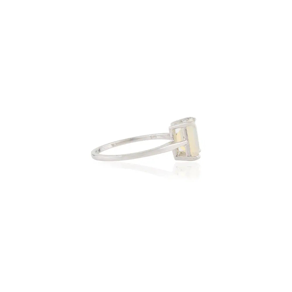 Solid 14K White Gold Octagon Cut Opal Single Stone Ring For Unisex October Birthstone