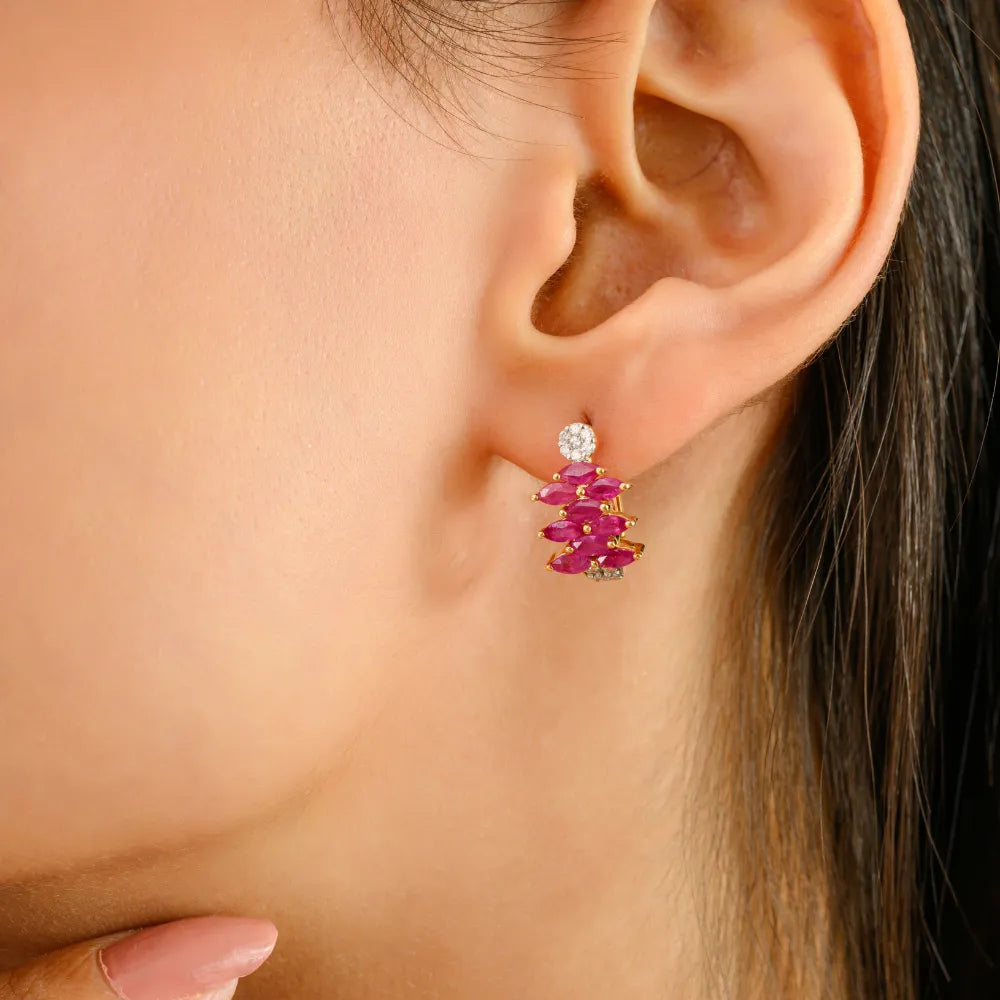 Best Quality 14K Yellow Gold Ruby & Diamond Clip-on Earrings For Women Everyday Jewelry