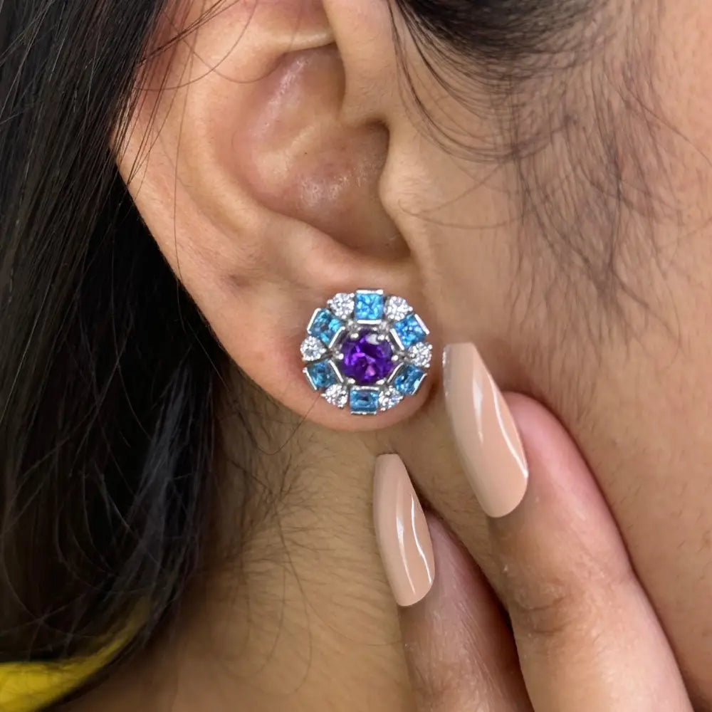 Amethyst Blue Topaz & American Diamond Solid 925 Silver Round Stud Earrings Factory Price