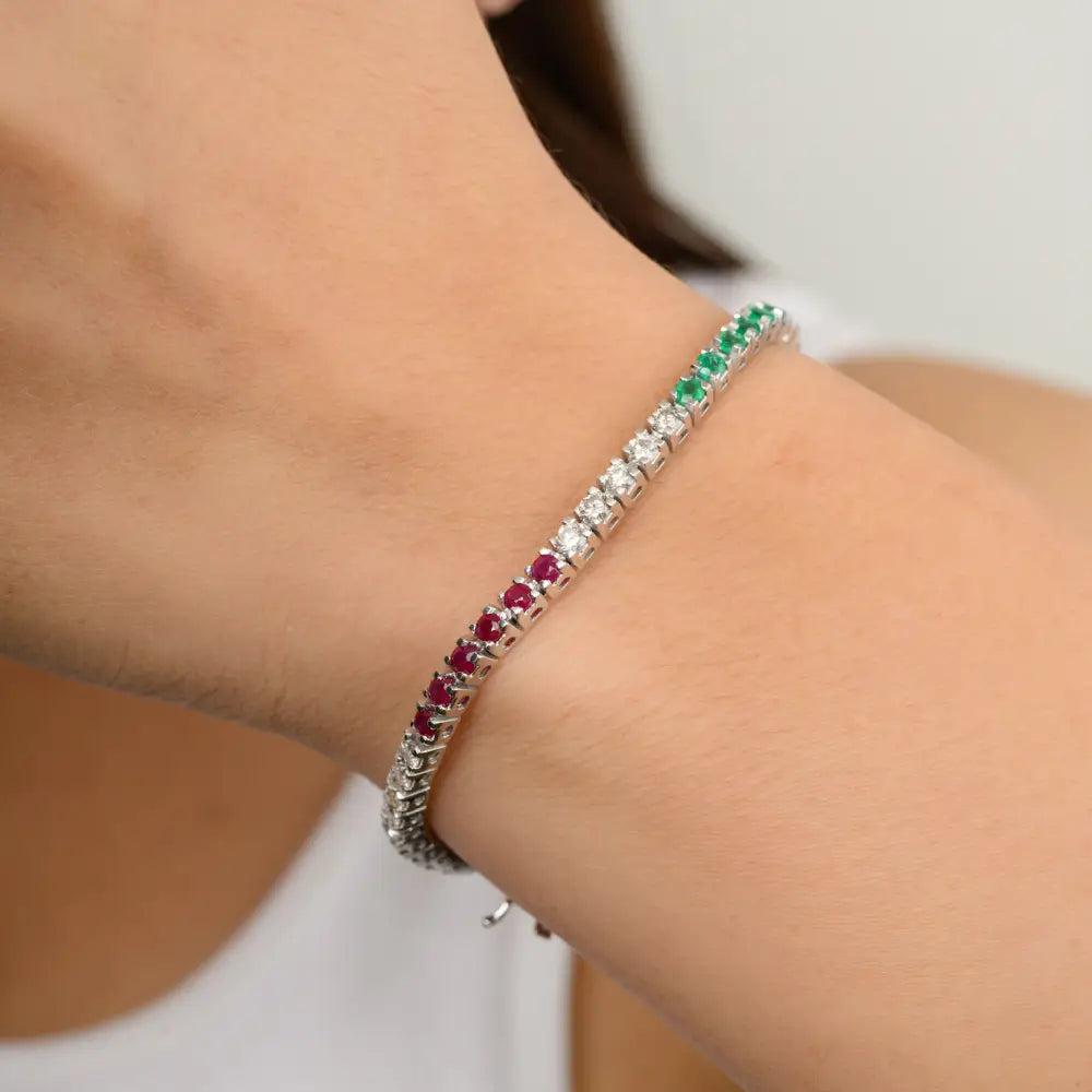 Genuine Emerald Ruby & Diamond Solid 18k White Gold Sleek Tennis Bracelet Fine Jewelry