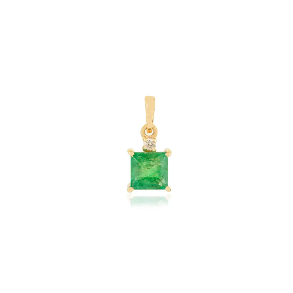 Square Cut Emerald & Round Diamond Minimal Pendant Fine Solid K14 Yellow Gold Jewelry