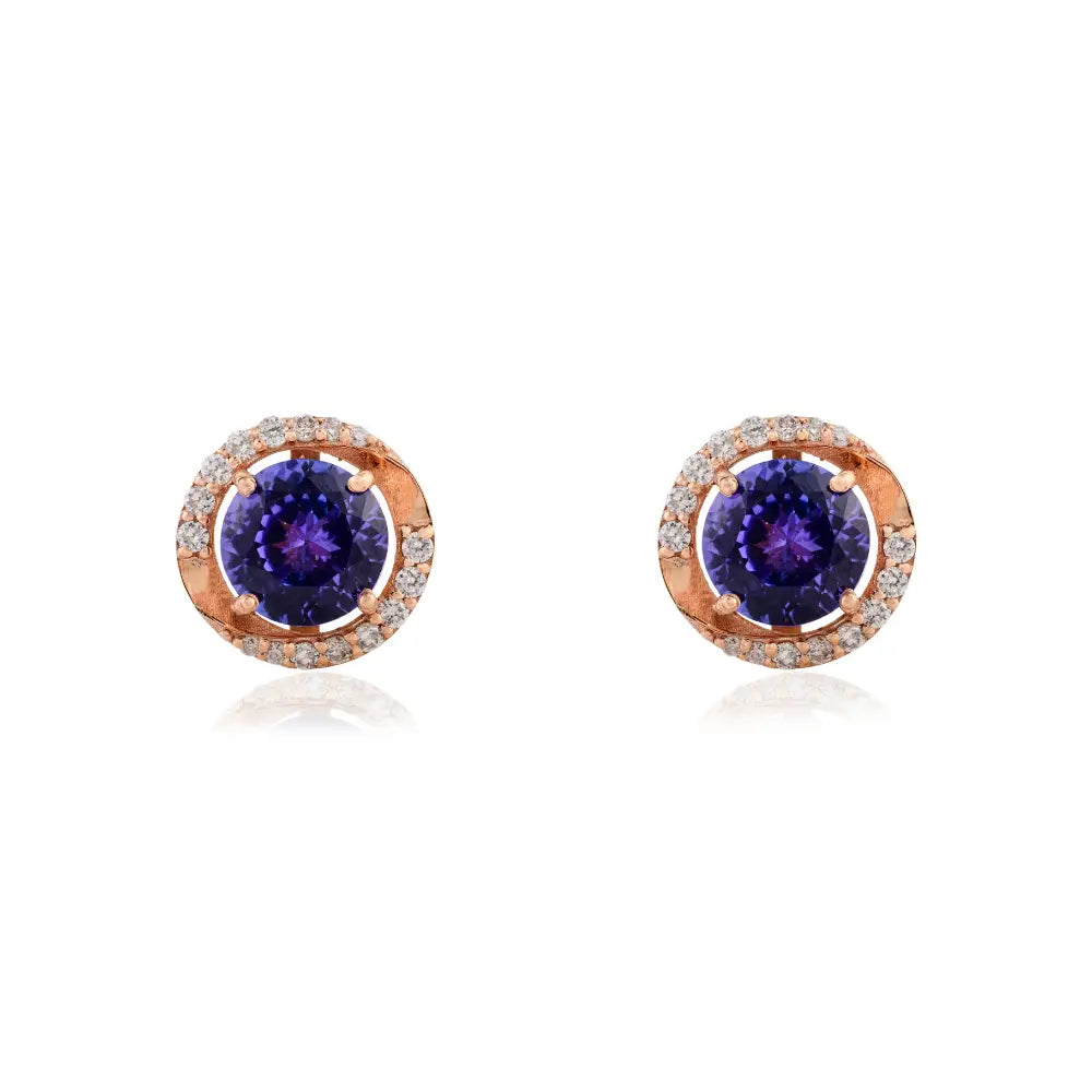 Explore Elegant & Classic Round Cut Tanzanite & Diamond Stud Earrings 18K Rose Gold