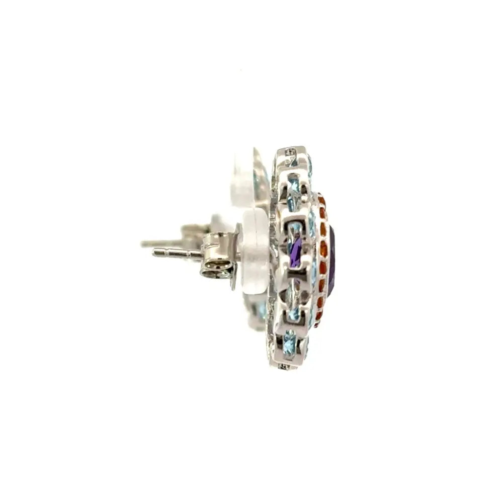 Handmade Multi Gemstone Round Statement Stud Earrings For Weddings Rhodium Plated Jewelry