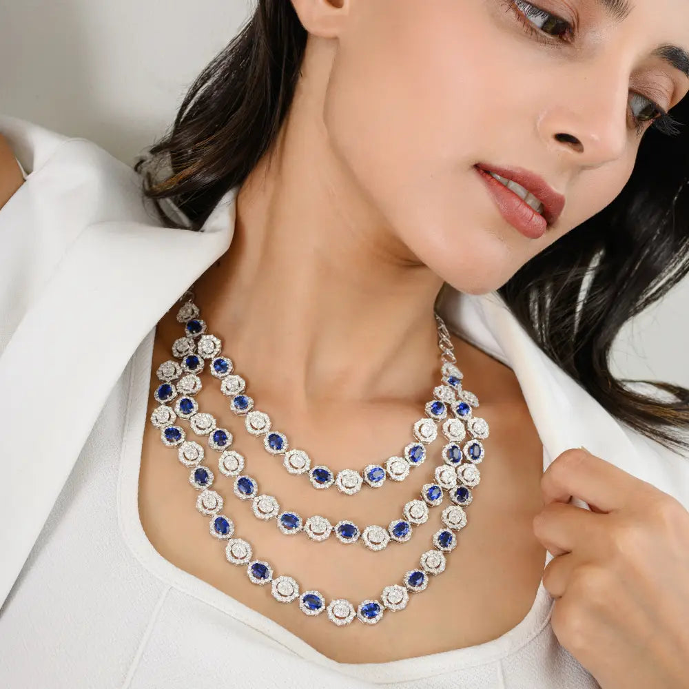 Blue Kyanite & Diamond Triple Layer Necklace Solid White Gold Bridal Engagement Jewelry
