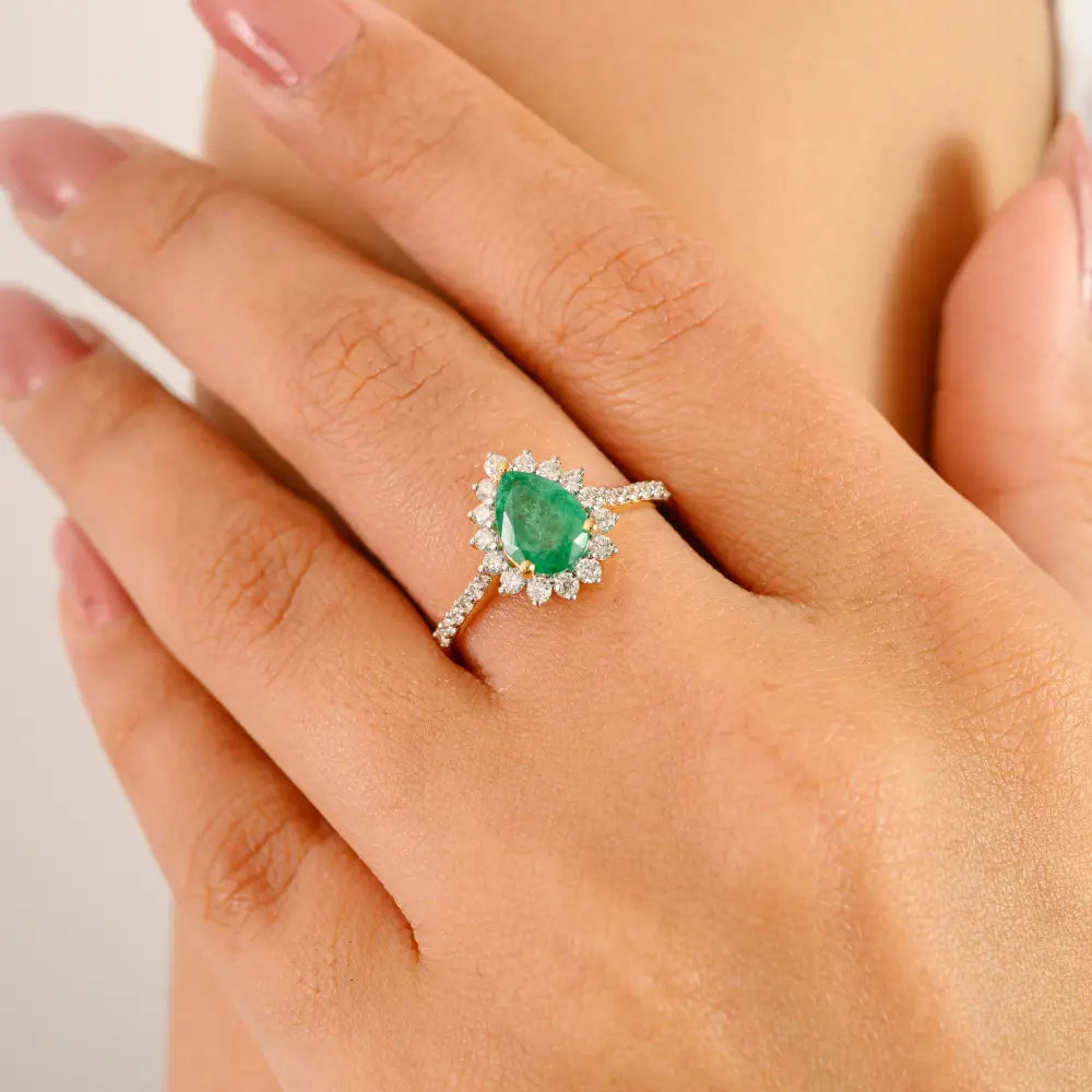 Genuine Emerald & Diamond Real K14 Yellow Gold Halo Engagement Ring Customized Jewelry