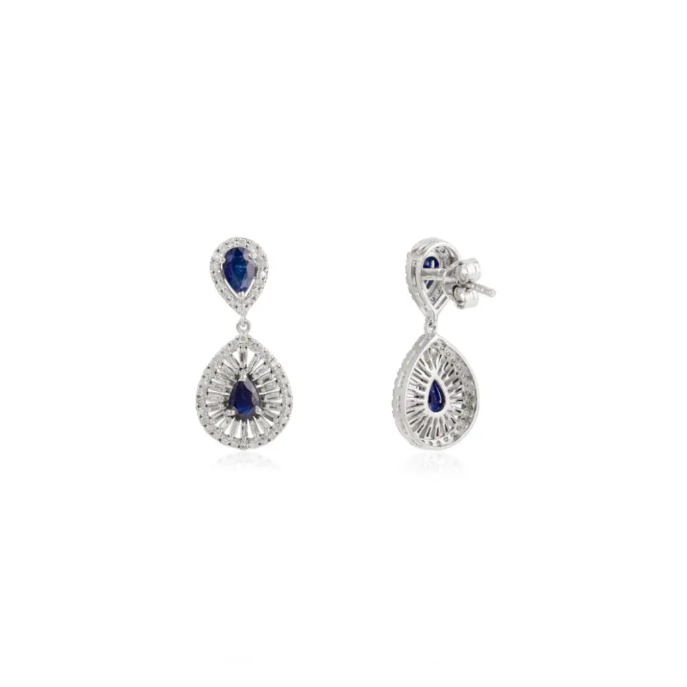 Stunning Blue Sapphire & Diamond Women's Drop Earrings 14K Solid White Gold Fine Jewelry