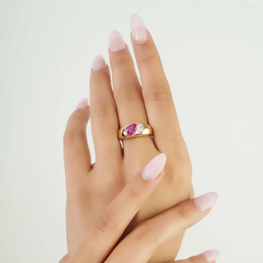 Real K14 Yellow Gold Genuine Ruby & Diamond Toi et Moi Chunky Dome Ring For Wedding