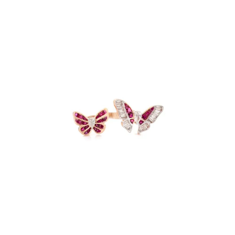 Unique Latest Design Ruby & Diamond 18K Rose Gold Twin Butterfly Open Ring For Party