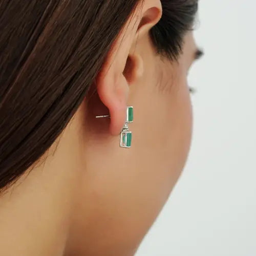 S925 Sterling Silver 100% Authentic Emerald & Diamond May Birthstone Drop Earrings