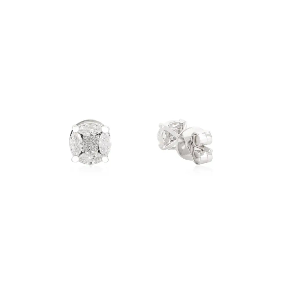 Marquise & Princess Cut Natural Diamond Solid 18K White Gold Round Stud Earrings For Women