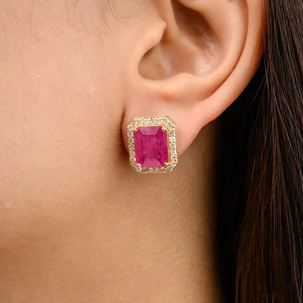 Handmade Octagon Cut Ruby & Diamond Stud Earrings in 18k Yellow Gold