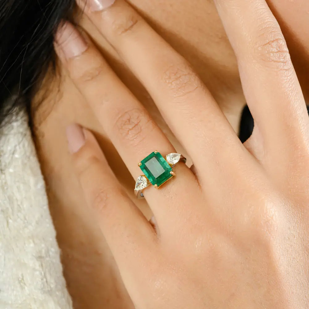 Zambian Emerald & Diamond 18K Two Tone Gold Three Stone Ring Engagement Jewelry