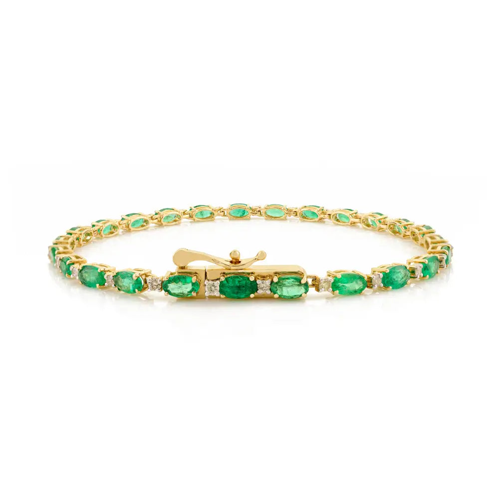 Trending 5X3 MM Zambian Emerald & Diamond Box Lock Stack Tennis Bracelet Pure 14K Gold
