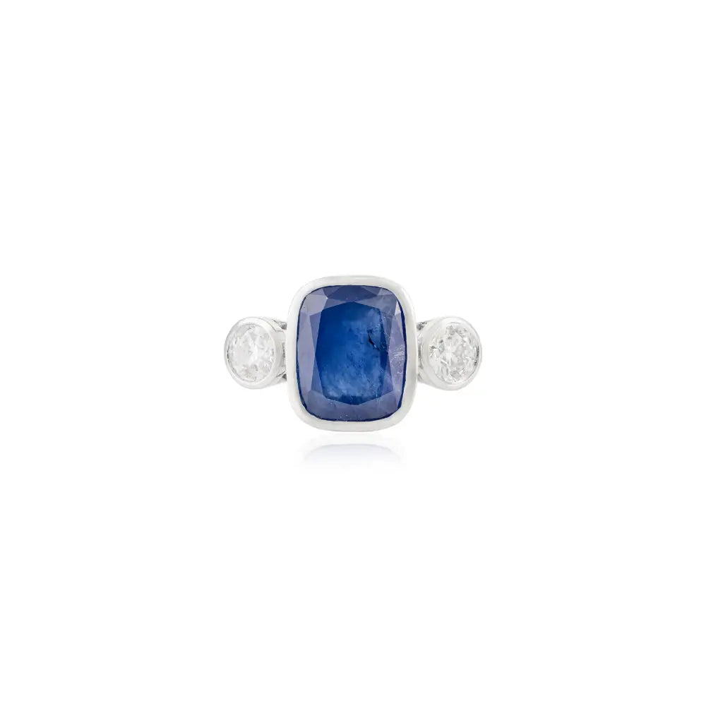 Bezel Setting K14 White Gold Blue Sapphire & Diamond Three Stone Ring Gift For Women