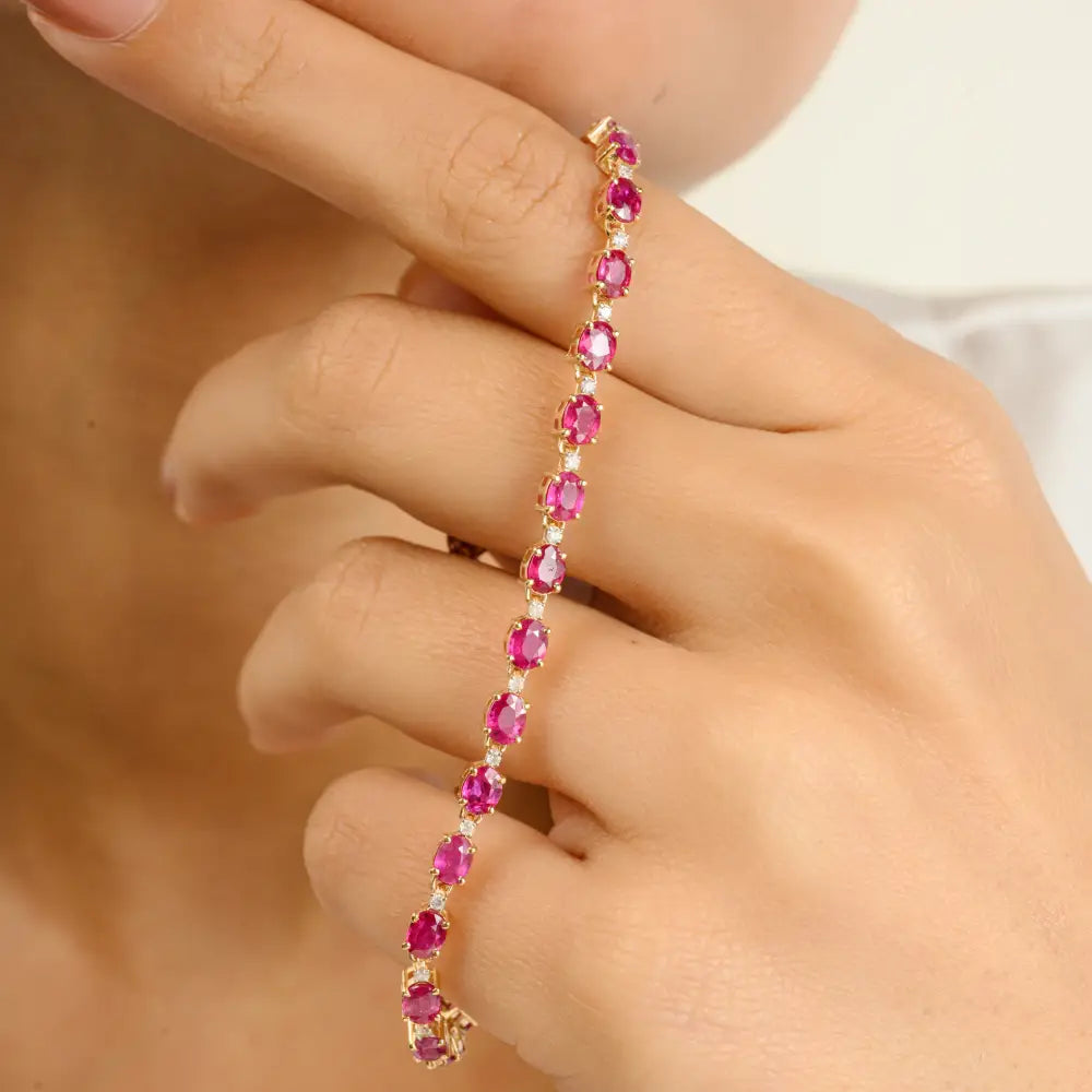 100% Genuine Ruby & Diamond Prong Setting Tennis Bracelet 14K Yellow Gold Anniversary Gift