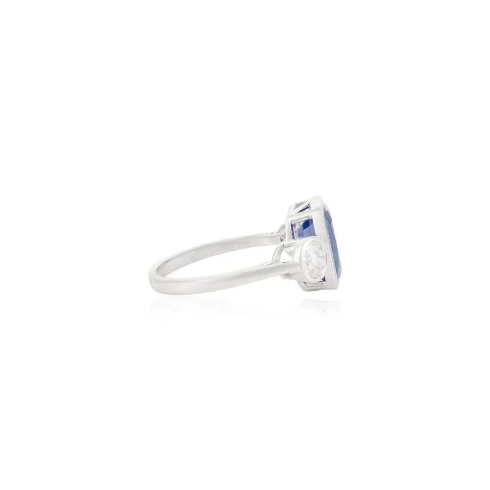 Bezel Setting K14 White Gold Blue Sapphire & Diamond Three Stone Ring Gift For Women