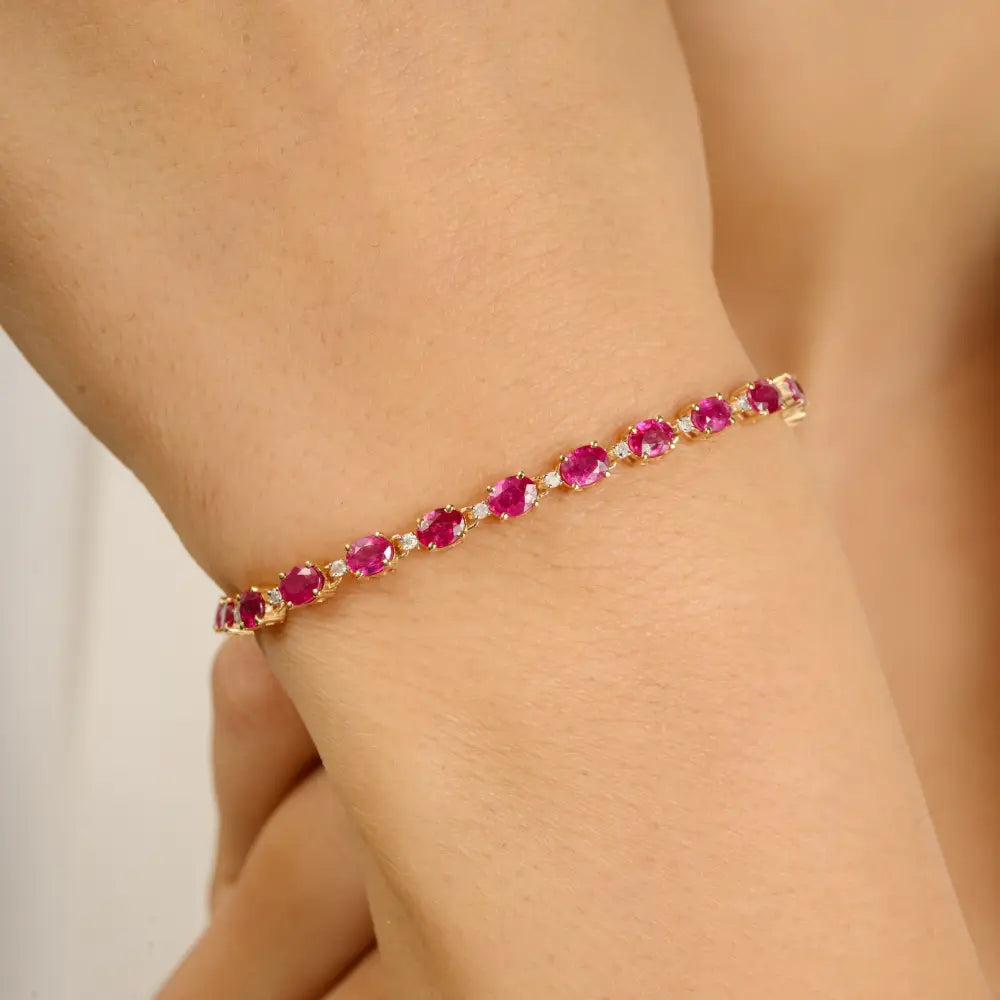 100% Genuine Ruby & Diamond Prong Setting Tennis Bracelet 14K Yellow Gold Anniversary Gift