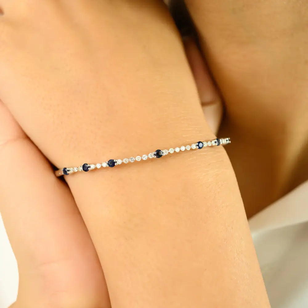Best Seller Blue Sapphire & Diamond Tennis Bangle & Bracelet 14K Gold Stacked Jewelry