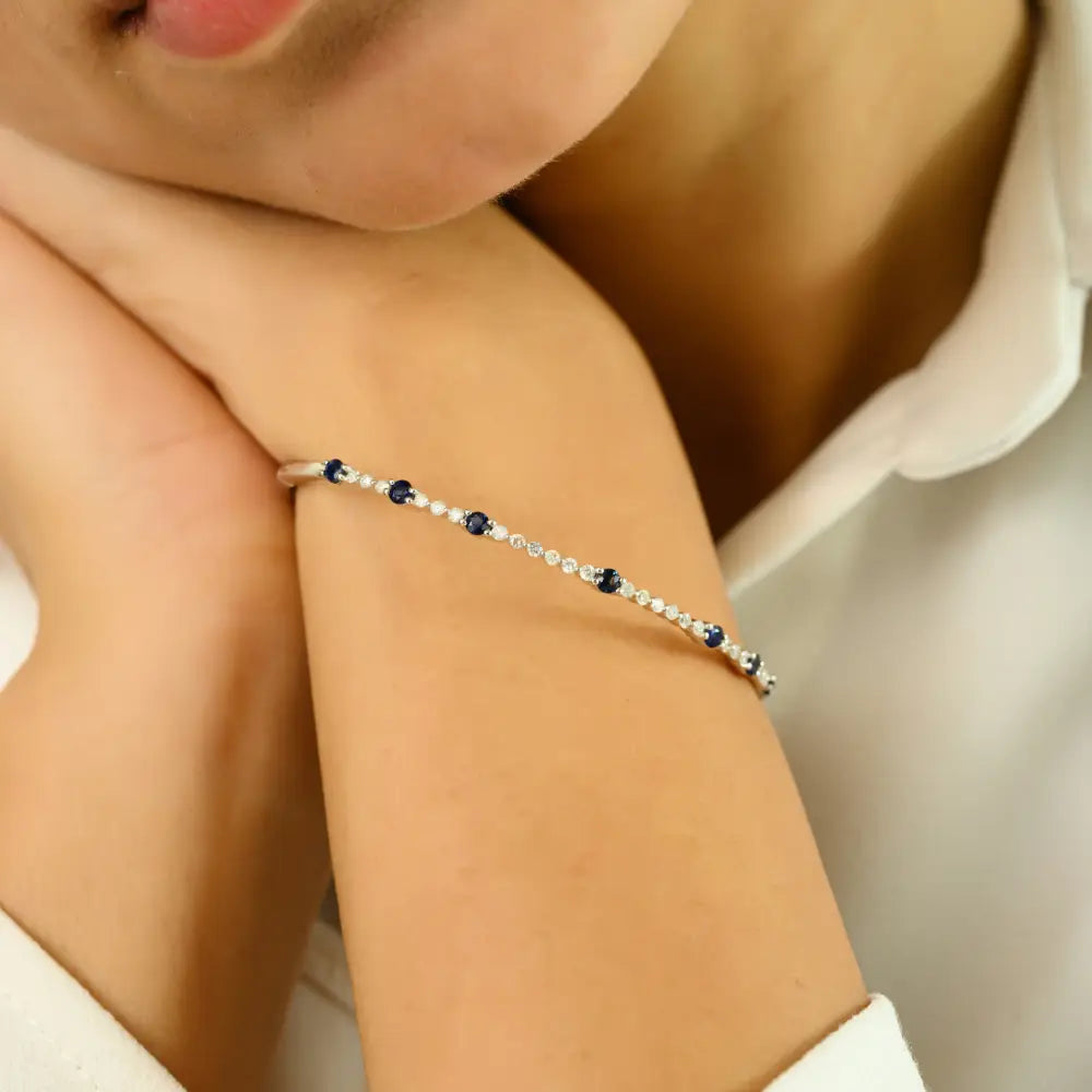 Best Seller Blue Sapphire & Diamond Tennis Bangle & Bracelet 14K Gold Stacked Jewelry
