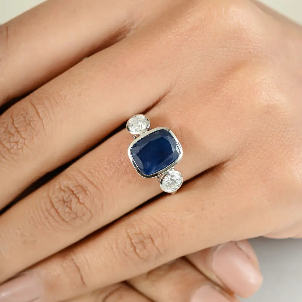 Bezel Setting K14 White Gold Blue Sapphire & Diamond Three Stone Ring Gift For Women