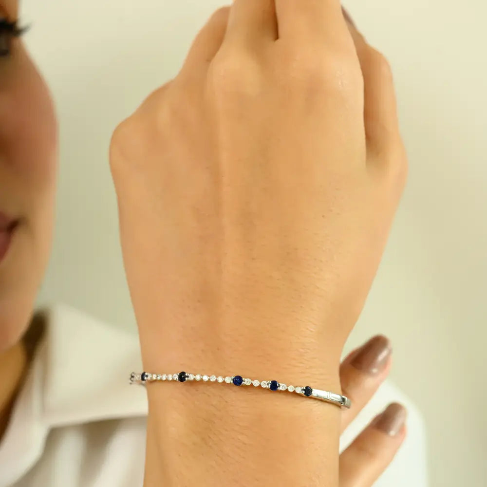 Best Seller Blue Sapphire & Diamond Tennis Bangle & Bracelet 14K Gold Stacked Jewelry