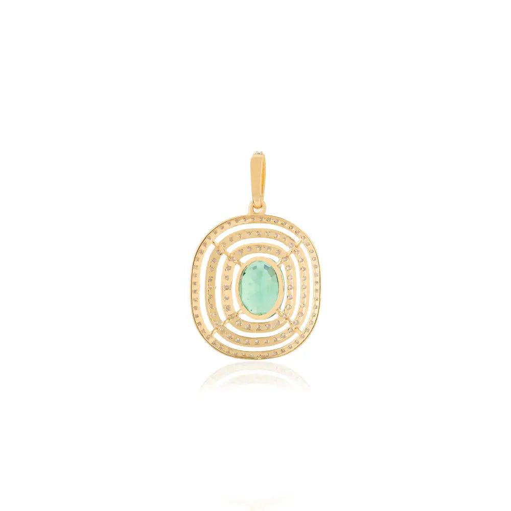 Luxurious Designer Emerald & Diamond Triple Halo Pendant Fine 18K Real Yellow Gold