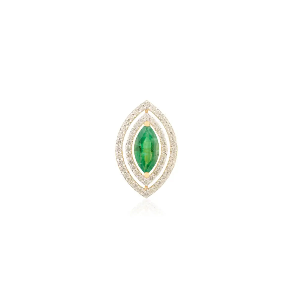 Emerald & Diamond Marquise Shape Double Halo Pendant 18K Yellow Gold Handmade Jewelry