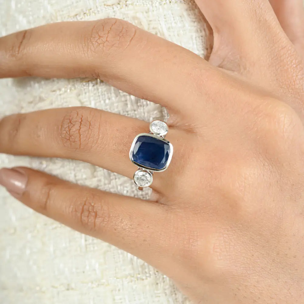 Bezel Setting K14 White Gold Blue Sapphire & Diamond Three Stone Ring Gift For Women