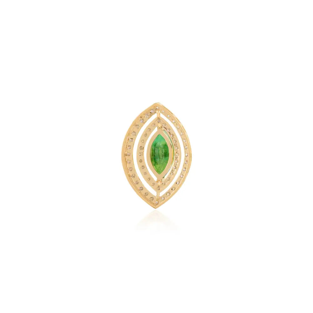 Emerald & Diamond Marquise Shape Double Halo Pendant 18K Yellow Gold Handmade Jewelry