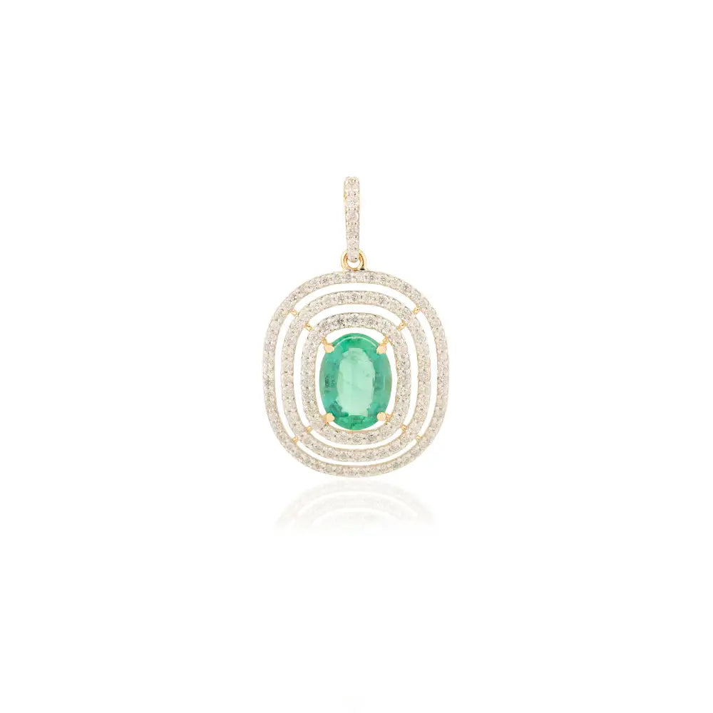 Luxurious Designer Emerald & Diamond Triple Halo Pendant Fine 18K Real Yellow Gold