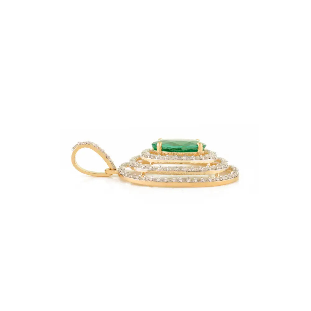 Luxurious Designer Emerald & Diamond Triple Halo Pendant Fine 18K Real Yellow Gold