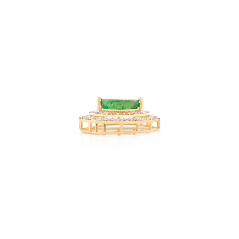 Emerald & Diamond Marquise Shape Double Halo Pendant 18K Yellow Gold Handmade Jewelry