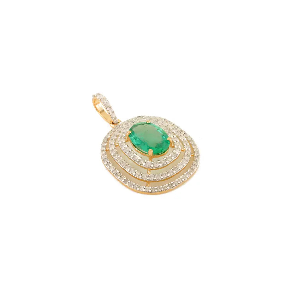 Luxurious Designer Emerald & Diamond Triple Halo Pendant Fine 18K Real Yellow Gold