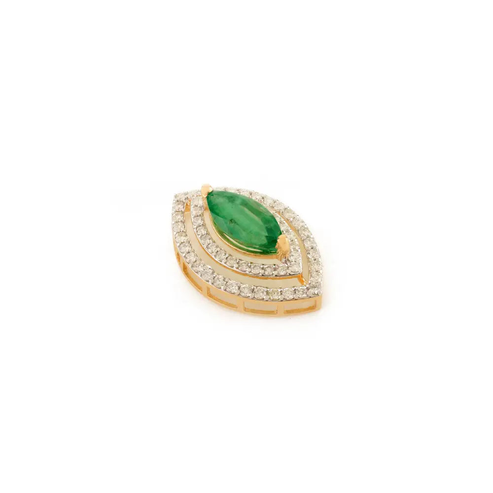 Emerald & Diamond Marquise Shape Double Halo Pendant 18K Yellow Gold Handmade Jewelry