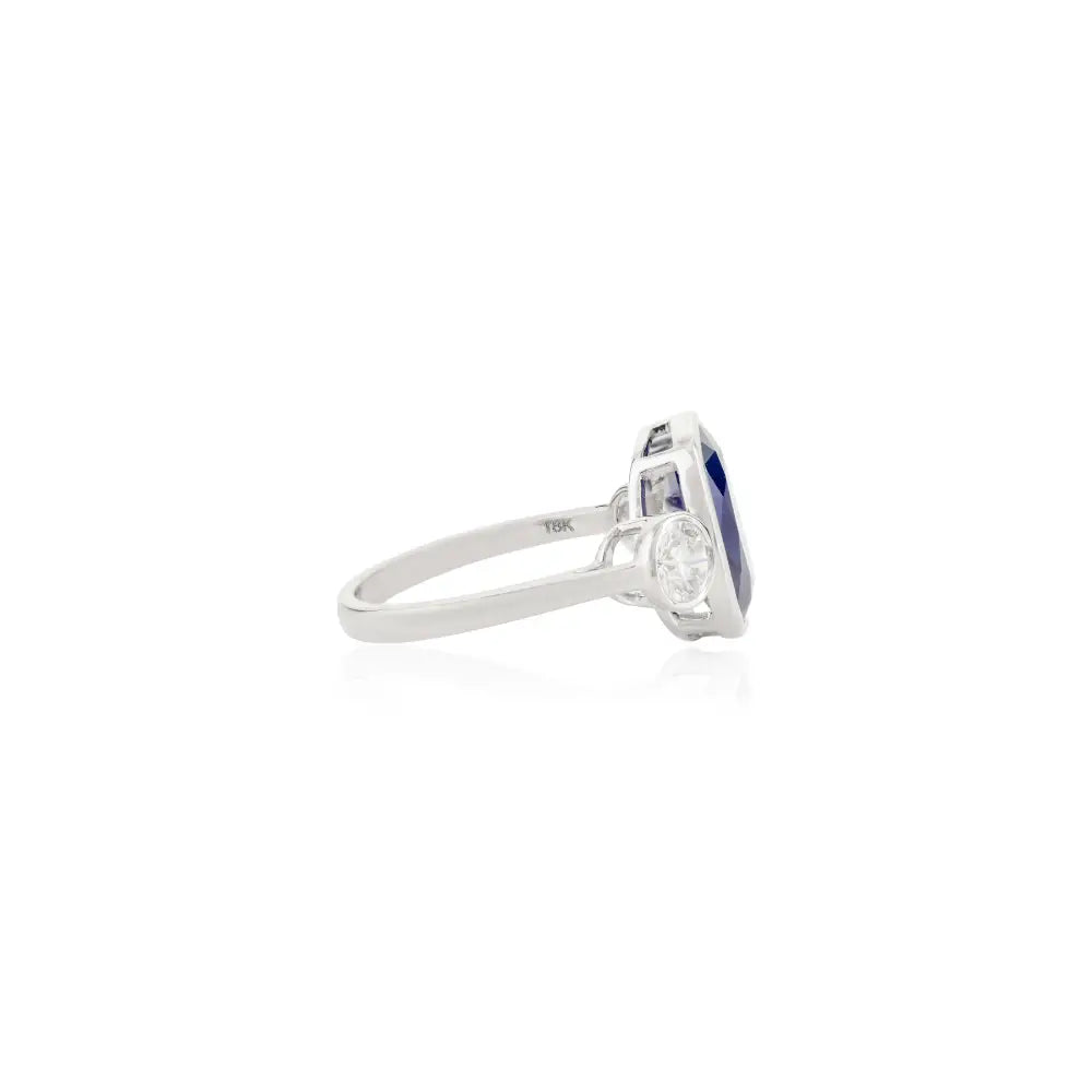 Bezel Setting Fine Blue Sapphire & Diamond Three Stone Ring Trending Handmade Jewelry