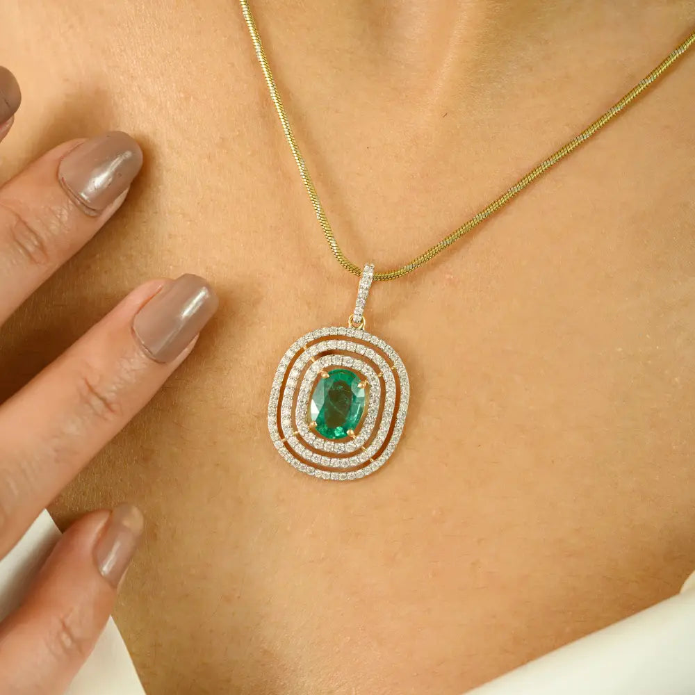 Luxurious Designer Emerald & Diamond Triple Halo Pendant Fine 18K Real Yellow Gold