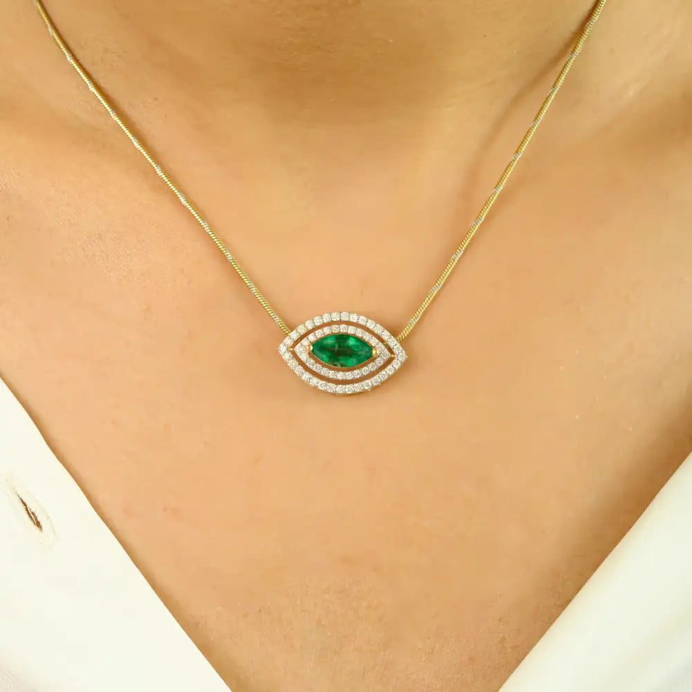Emerald & Diamond Marquise Shape Double Halo Pendant 18K Yellow Gold Handmade Jewelry