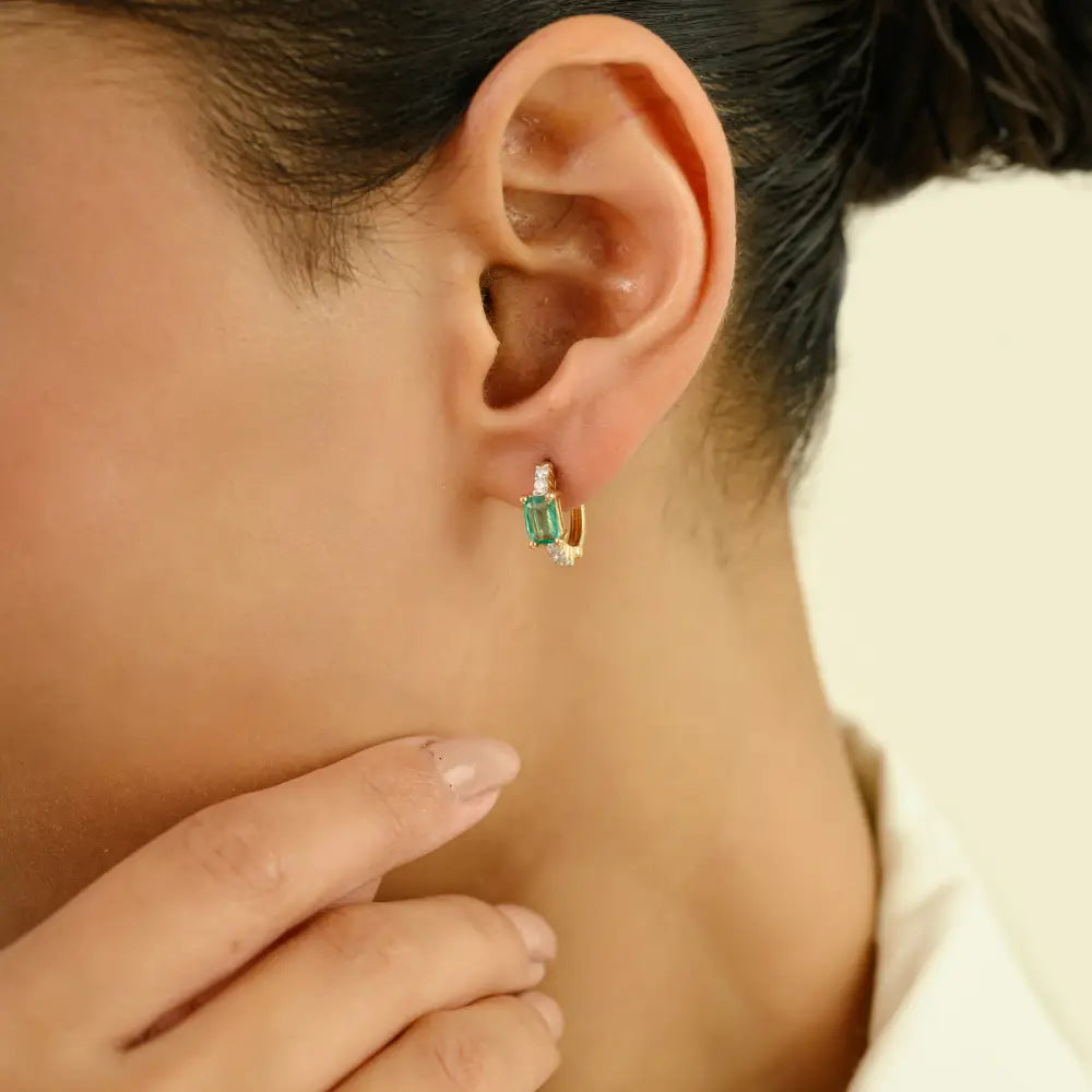 Natural Gemstone Zambian Emerald & Diamond Minimal Hoop Earrings Women 14K Real Gold