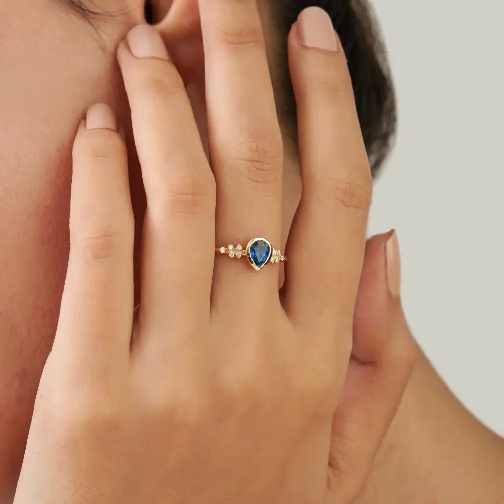 Best Selling Blue Sapphire & Diamond 14K Solid Yellow Gold Engagement Ring Stack Jewelry