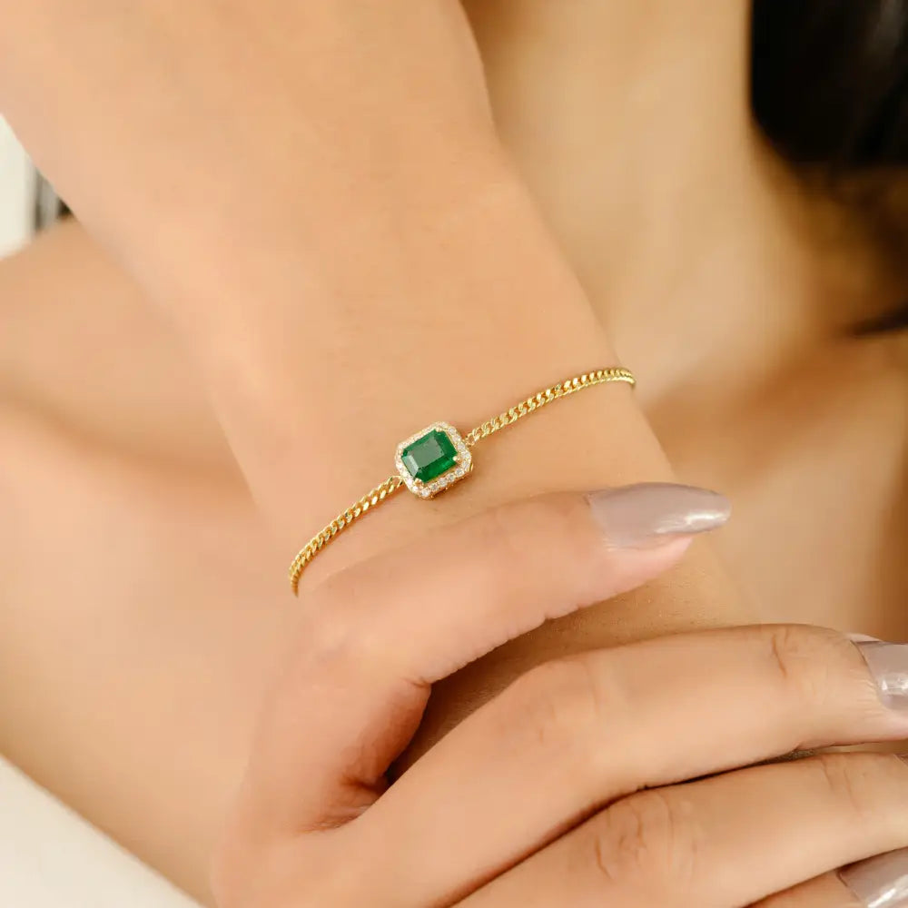Miami Cuban Link Chain Solitaire Emerald & Diamond Halo Bracelet Solid K14 Yellow Gold