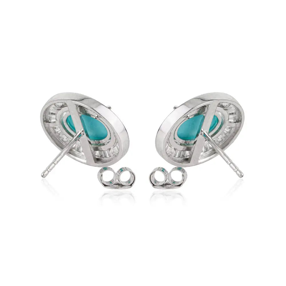 Best Selling 9x6mm Oval Cut Turquoise & Diamond Halo Stud Earrings 14K White Gold Jewelry