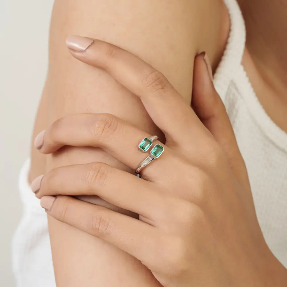 Bezel Set Emerald & Diamond Latest Design Bypass Ring K14 White Gold Fine Custom Jewelry